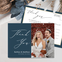 Bleu Dusty Élégant Script Mariage simple Merci