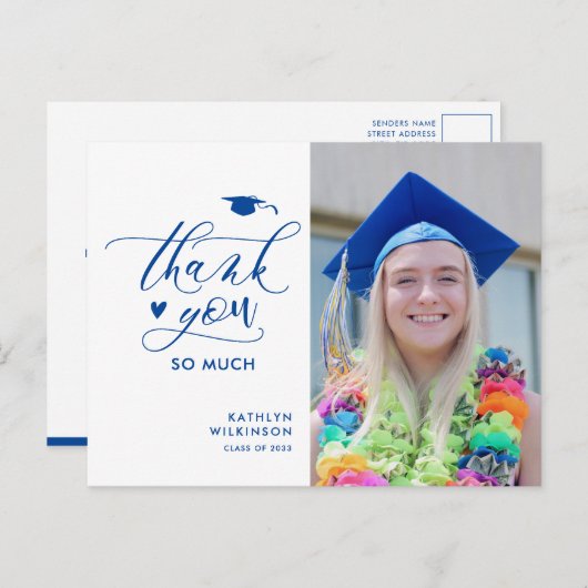 Carte Postale Bleu Elegant Script Photo Graduation Merci (Devant / Derrière)