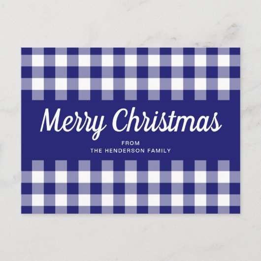 Carte Postale Bleu Gingham Carreaux Script Joyeux Noël (Devant)