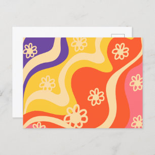 Carte Postale Bleu, Jaune, Orange, Rose Floral Abstrait