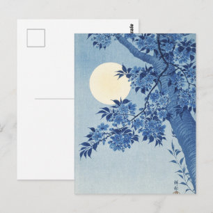 Carte Postale Bleu Lune Fleur Arbre Sous le Ciel Nocturne