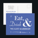 Carte Postale Bleu Manger Boisson Nous Nous Sommes Mariés Retro<br><div class="desc">Invitations amis et la famille pour vous aider à célébrer votre mariage récent avec cette carte postale d'invitation de fête d'elopement rétro et funky sur bleu Manger,  Boire et être marié!</div>