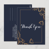 Carte Postale Bleu marine et floral doré Merci (Devant / Derrière)