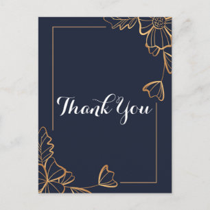 Carte Postale Bleu marine et floral doré Merci