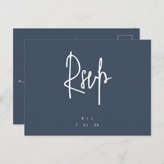 Carte postale bleu marine simple de mariage RSVP (Devant / Derrière)