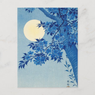 Carte Postale Bleu Moonlit Arbre : Japonais Cerisier Fleur Nuit