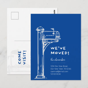 Carte Postale Bleu Nous avons Déplacé la boîte aux lettres en dé