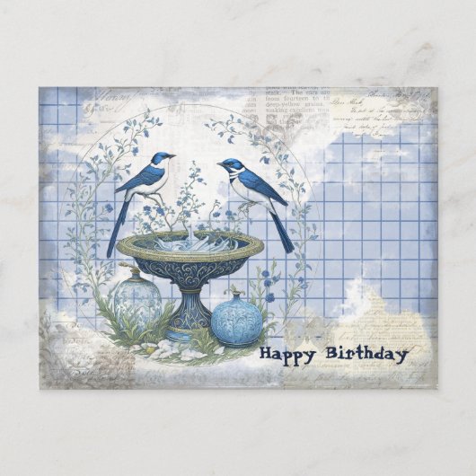 Carte Postale Bleu Oiseaux Anniversaire Collage (Devant)
