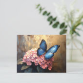 Carte Postale Bleu papillon rose fleurs (Debout devant)