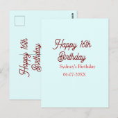 Carte Postale Bleu pastel rouge joyeux 16e anniversaire nom date (Devant / Derrière)