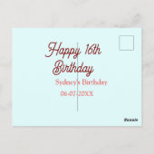 Carte Postale Bleu pastel rouge joyeux 16e anniversaire nom date (Dos)