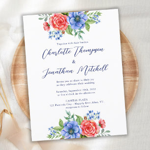 Carte Postale Bleu rouge Floral Faire-part de mariage patriotiqu