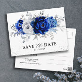 Carte Postale Bleu Royal Blanc Argent Floral Enregistrer la Date