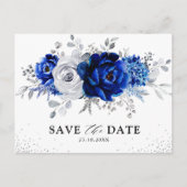 Carte Postale Bleu Royal Blanc Argent Floral Enregistrer la Date (Devant)