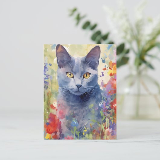 Carte Postale Bleu Russe Chat fleurs colorées (Debout devant)