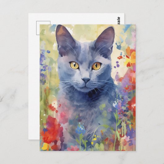 Carte Postale Bleu Russe Chat fleurs colorées (Devant / Derrière)
