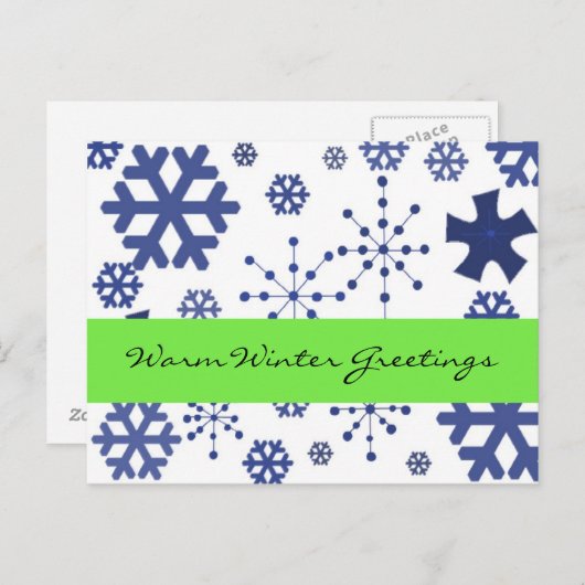 Carte Postale Bleu Snowflakes Salutations hiver chaudes (Devant / Derrière)