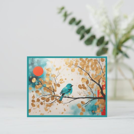 Carte Postale Bleu Songbird Sur Golden Feuille Tree Branch (Debout devant)