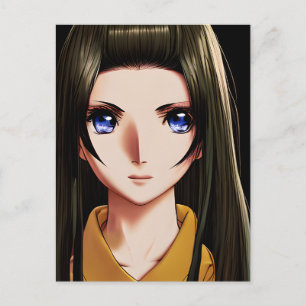 Carte Postale Bleu teint Brunette Anime Girl Cartoon
