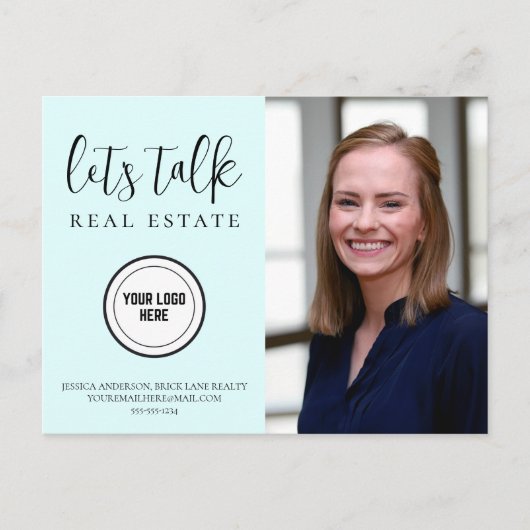 Carte Postale Bleu tendance Marketing immobilier Ajouter logo (Devant)