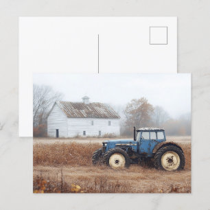 Carte Postale Bleu Tracteur Grange et champ