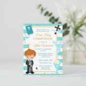 Carte Postale Bleu Trappe Rouge Cheveux Garçon Première Sainte C (Debout devant)