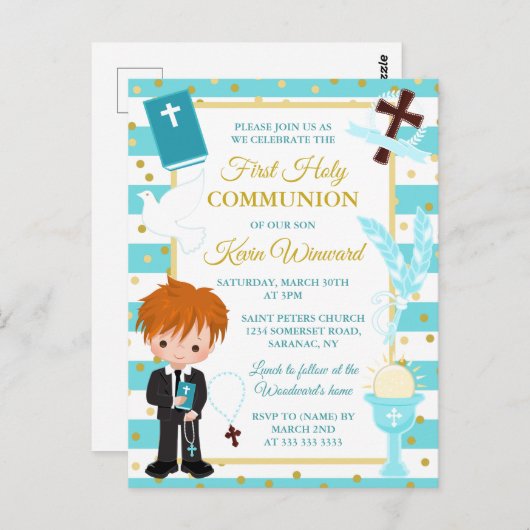 Carte Postale Bleu Trappe Rouge Cheveux Garçon Première Sainte C (Devant / Derrière)