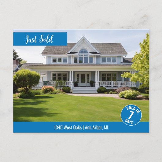 Carte Postale Bleu Vendu Immobilier Logo Marketing (Devant)
