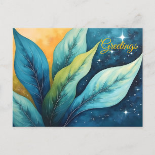 Carte Postale Bleu Vert Feuille Soleil et étoiles