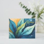 Carte Postale Bleu Vert Feuille Soleil et étoiles (Debout devant)