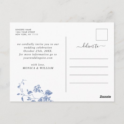 Carte Postale Bleu victorien Mariage de jardin français Enregist (Dos)