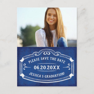 Carte Postale Bleu vintage Enregistrer La Date Graduation Photo