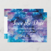Carte Postale Bleu violet aquarelle mariage Enregistrer la date (Devant / Derrière)