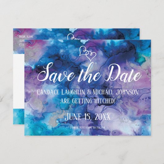 Carte Postale Bleu violet aquarelle mariage Enregistrer la date (Devant / Derrière)