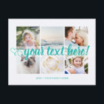Carte Postale Bleu Votre texte personnalisé 6 photos collage uni<br><div class="desc">Script avec coeur Votre texte personnalisé 6 photos collage bleu turquoise carte postale universelle. 6 photos de collage familial personnalisées Cartes postales de salutations universelles avec un collage photo élégant avec 6 images customisées, votre message de salutations en texte manuscrit élégant, votre nom, date, année, message au dos dans une...</div>