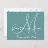 Carte postale bleue avec date, prénoms et monogram (Devant / Derrière)