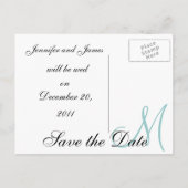 Carte postale bleue avec date, prénoms et monogram (Dos)