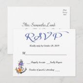 Carte postale bleue florale Ancre bateau RSVP naut (Devant / Derrière)