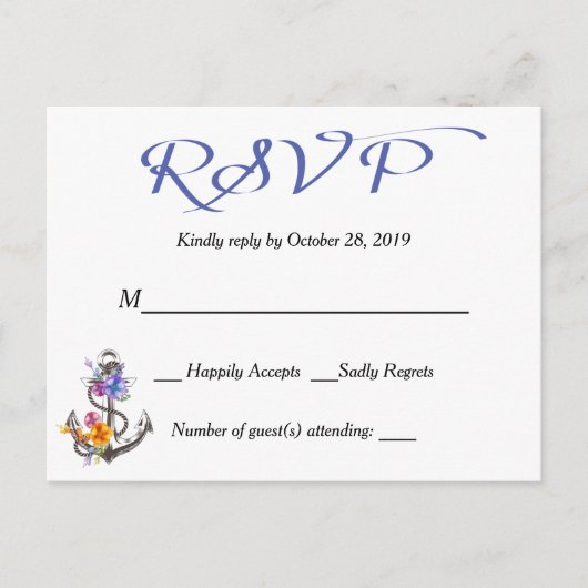 Carte postale bleue florale Ancre bateau RSVP naut (Devant)