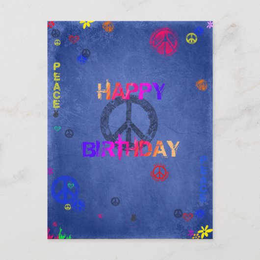 Carte postale bleue Hippie Joyeuse Anniversaire (Devant)