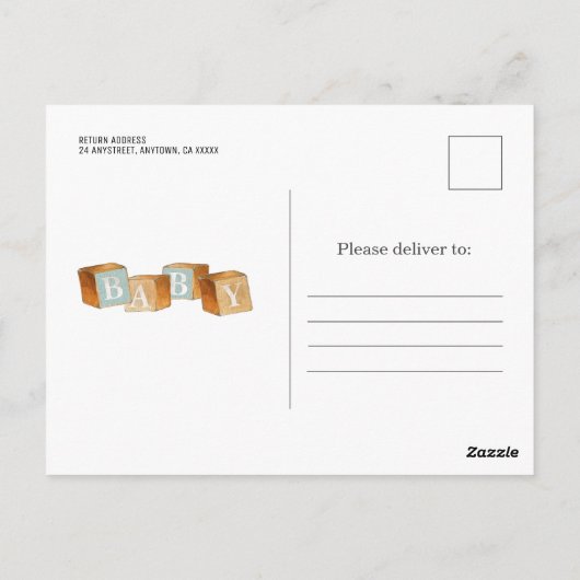 Carte Postale Blocs de bébé en bois rustique Baby shower de garç (Dos)