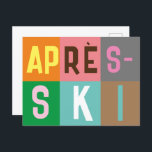 Carte Postale Blocs de couleur après ski<br><div class="desc">Design moderne sur le thème du ski après-ski, en blocs colorés et en lettres colorées. Ouverture de ski alpin, station de ski, conception de la maison de ski. Magnifique cadeau de sport d'hiver pour un skieur dans votre cercle d'amis, collègues ou famille. Design d'oeuvres d'art pour skieurs rétros. Skieurs ski...</div>