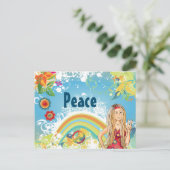 Carte Postale Blond Hippie Girl, Fleurs et Rainbow Peace (Debout devant)