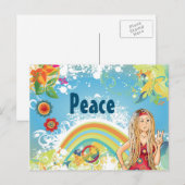 Carte Postale Blond Hippie Girl, Fleurs et Rainbow Peace (Devant / Derrière)