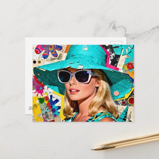 Carte Postale Blonde dans un chapeau bleu (Devant/Arrière en situation)