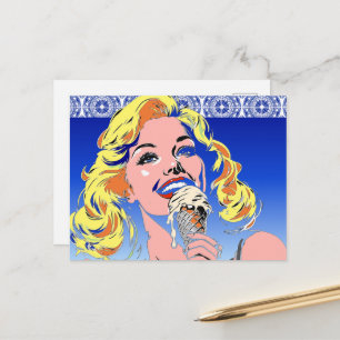 Carte Postale Blonde mangeant une glace dans un style Pop Art co