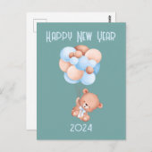 Carte Postale Blonon mignon Ours en Teddy Nouvel An gris vert (Devant / Derrière)