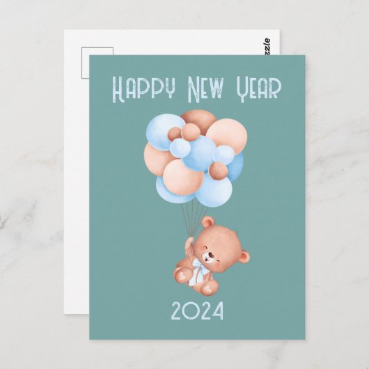 Carte Postale Blonon mignon Ours en Teddy Nouvel An gris vert (Devant / Derrière)