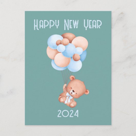 Carte Postale Blonon mignon Ours en Teddy Nouvel An gris vert (Devant)