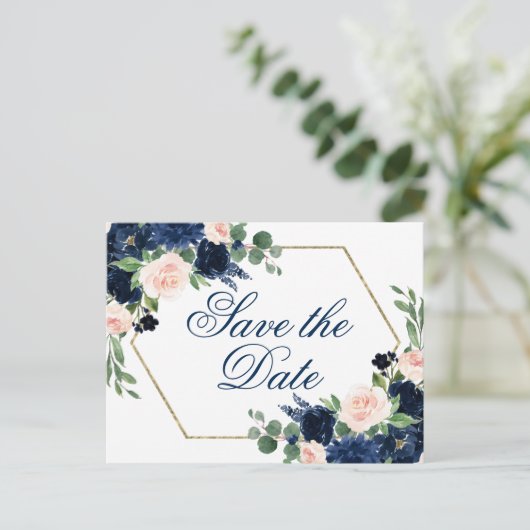 Carte Postale Blooms Chics | Navy Blue and Blush Enregistrer la (Debout devant)